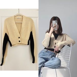 Beige Black Cropped Cardigan Women XS